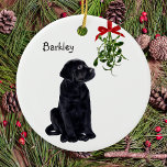 Ornamento De Cerâmica Black Lab Mistletoy Pet Dog Natal<br><div class="desc">Enfeites de natal de Mistura de Laboratório Preto</div>