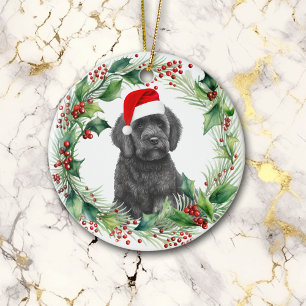 Ornamento De Cerâmica Black Labradoodle Puppy Holly Wreath Natal