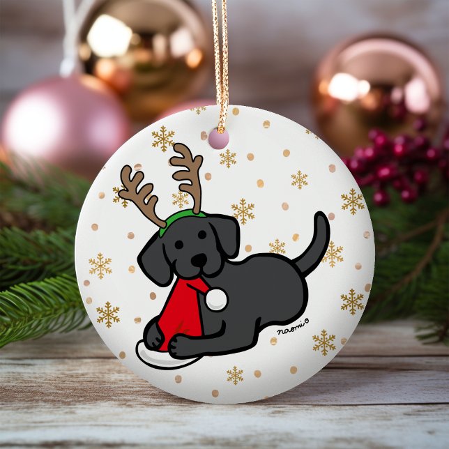 Ornamento De Cerâmica Black Labrador e Cartoon de Natal Papais noeis (Black Labrador Santa Christmas Ornament for Labrador Owners.  Personalized gift idea.)