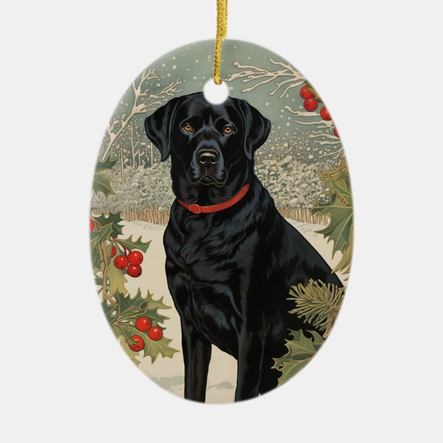 Ornamento De Cerâmica Black Labrador no inverno (Frente)