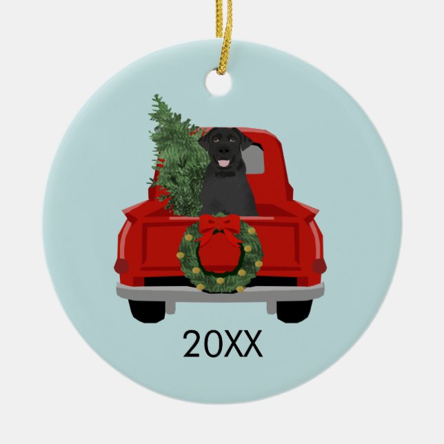 Ornamento De Cerâmica Black Labrador Red Christmas Truck (Frente)