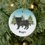 Ornamento De Cerâmica Black Pug Cute Cartoon Dog Snowy Winter Forest<br><div class="desc">A ilustração original do desenho de Destei de um cão da raça Pug, casaco preto, bonitinho. O cão é colocado numa cena de inverno com três árvores de abeto verde e neve caindo. O fundo é um gradiente azul a branco que dá à design aquele olhar frio do dia de...</div>