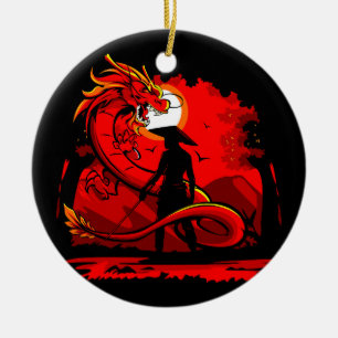 Ornamento De Cerâmica Black Samurai Red Dragon Japanese Style Artwork
