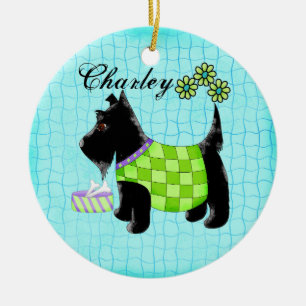 Ornamento De Cerâmica Black Scottie Dog Name Personalizado Turquoise