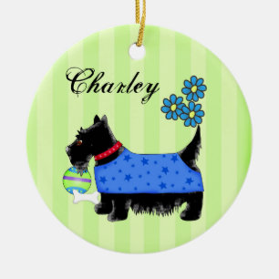 Ornamento De Cerâmica Black Scottie Terrier Dog Name Personalizado Green
