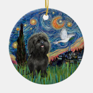Ornamento De Cerâmica Black Shih Tzu em "Noite Estrelada" inspirou ornam