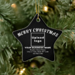 Ornamento de Cerâmica Black Star no Natal da Empre<br><div class="desc">Feliz Natal! Encaminhamento cerâmico com textos de saudação de Feliz Natal, logotipo de sua empresa, nome de empresa ou empresa, endereço e número de telefone. Designs são textos brancos sobre fundo preto e em forma de estrela. Ornamento para decorar a árvore de Natal em sua loja, compro ou escritório. Ornamento...</div>