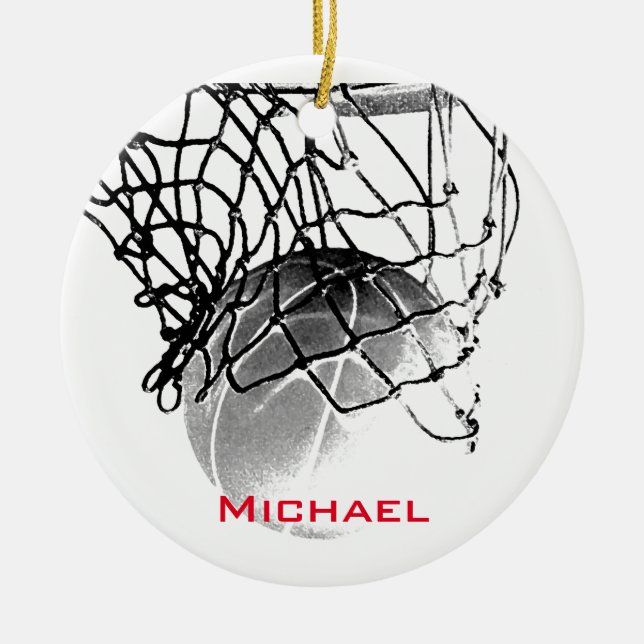 Ornamento De Cerâmica Black & White Basketball Add Your Name (Frente)