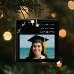Ornamento De Cerâmica Black white modern photo Graduate<br><div class="desc">Celebrate your graduate’s milestone with this elegant black and white personalized Graduation Ornament. Featuring a custom photo, class year, school name, and graduate’s name, this keepsake adds a meaningful touch to your décor and makes a cherished reminder of this special achievement. The design includes the playful “She did it!” script...</div>