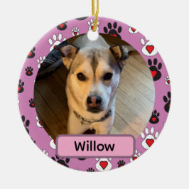 Ornamento De Cerâmica Black White Pawprint Red hearts Name pink Ornament