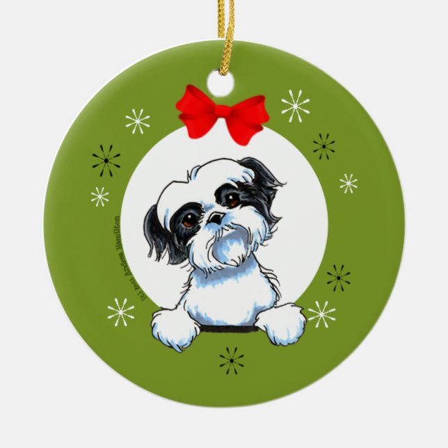 Ornamento De Cerâmica Black White Shih Tzu Christmas Classic (Frente)