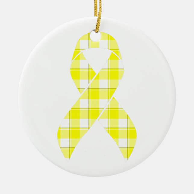 Ornamento De Cerâmica Bladder Cancer Awareness Plaid Yellow Ribbon (Frente)