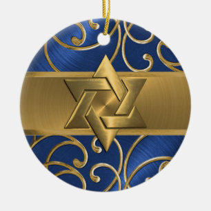 Ornamento De Cerâmica Blue and Gold Star of David Ornament