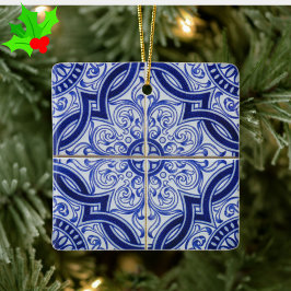 Ornamento De Cerâmica Blue and White Mediterranean Azulejo Tile Pattern