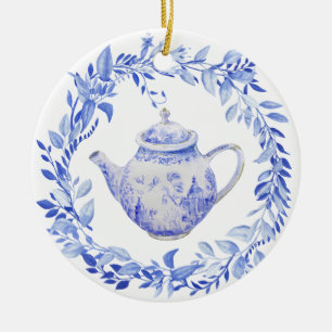 Ornamento De Cerâmica Blue and White Tea Pot with Wreath
