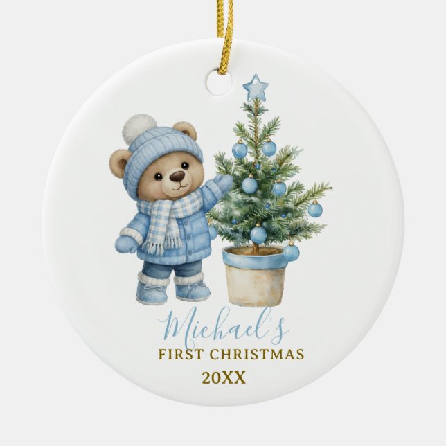 Ornamento De Cerâmica Blue Baby Bear First Christmas Keepsake (Frente)