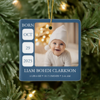 Ornamento De Cerâmica Blue Baby Boy Birth Stats Photo Ornament Keepsake