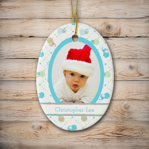 Ornamento De Cerâmica Blue Baby Elephants First Christmas Photo Template