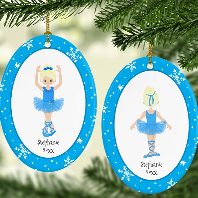 Ornamento De Cerâmica Blue Ballerina Flocos de neve personalizados Natal (Personalized Blue Ballerina Snowflakes Christmas Ceramic Ornament)