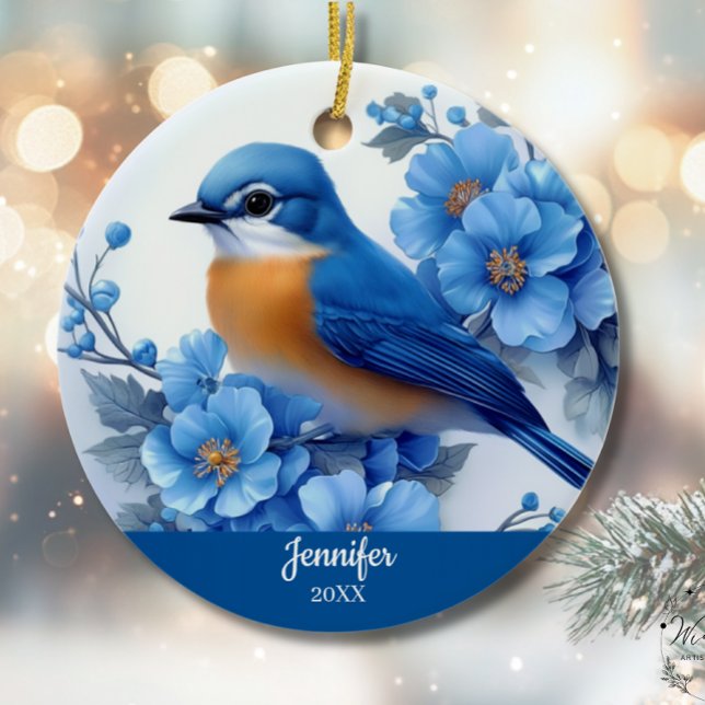 Ornamento De Cerâmica Blue Bird Floral Christmas North American Eastern  (Criador carregado)