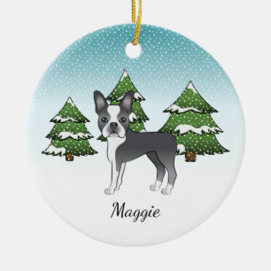 Ornamento De Cerâmica Blue Boston Terrier em uma floresta e nome de inve