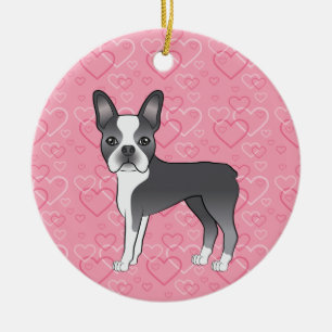 Ornamento De Cerâmica Blue Boston Terrier on Pink Heart Memorial