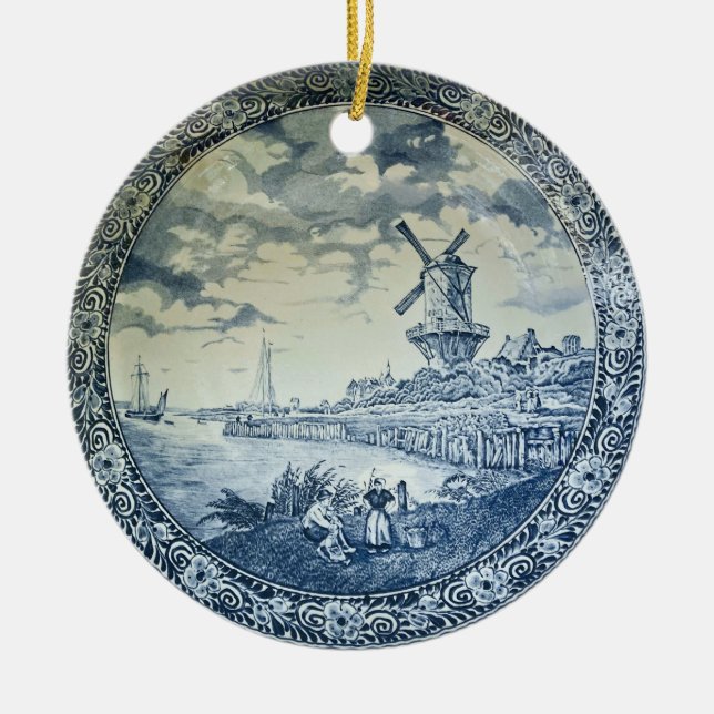 Ornamento De Cerâmica Blue Delft Windmill Placa Holandesa (Frente)