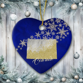 Ornamento De Cerâmica Blue Dourado Snowflake Colorado Heart