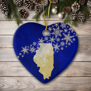 Ornamento De Cerâmica Blue Dourado Snowflake Illinois Heart