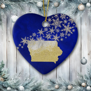 Ornamento De Cerâmica Blue Dourado Snowflake Iowa Heart
