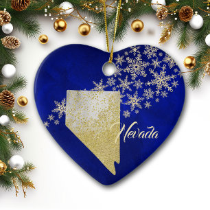 Ornamento De Cerâmica Blue Dourado Snowflake Nevada Heart