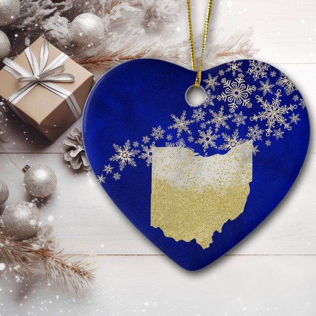 Ornamento De Cerâmica Blue Dourado Snowflake Ohio Heart (Criador carregado)
