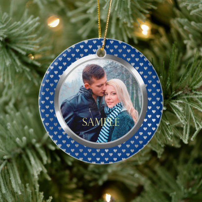 Ornamento De Cerâmica Blue First Christmas Silver Hearts (Árvore)