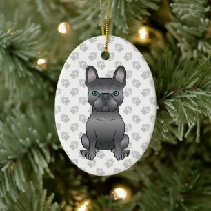 Ornamento De Cerâmica Blue French Buldog / Frenchie Cartoon Dog & Text
