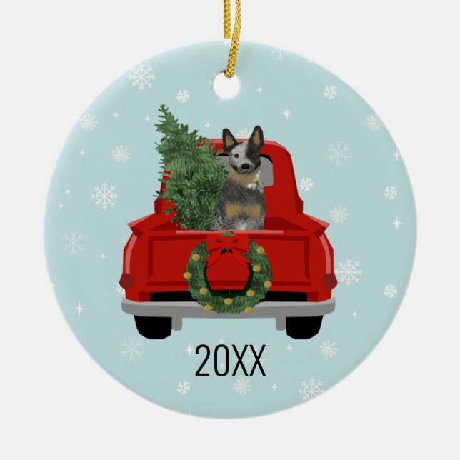 Ornamento De Cerâmica Blue Heeler Cattle Dog Red Truck Natal (Frente)