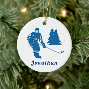 Ornamento De Cerâmica Blue Ice Hockey Player Nome personalizado Winter S