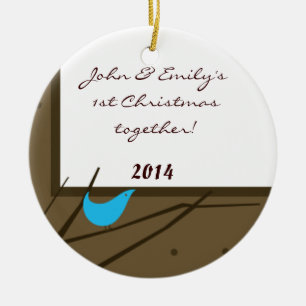 Ornamento De Cerâmica Blue Jay Love Bird Twig Nome Personalizado