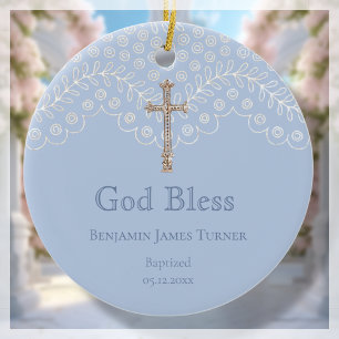 Ornamento De Cerâmica Blue Lace Baptism Keepsasasasauric Ornament