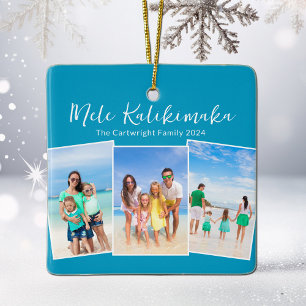 Ornamento De Cerâmica Blue Mele Kalikimaka Viagem de praia Foto de Natal