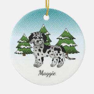 Ornamento De Cerâmica Blue Merle Mini Goldendoodle - Floresta de inverno