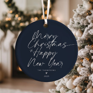 Ornamento De Cerâmica Blue Minimalist Modern Script Feliz Natal