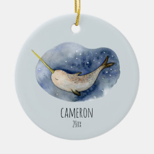 Ornamento De Cerâmica Blue Narwhal Modern Watercolor Ocean Personalizado