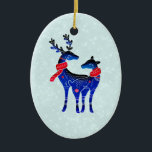 Ornamento De Cerâmica Blue Nordic Christmas Reindepaer<br><div class="desc">Enfeites de natal com um fundo verde-claro e branco de aspecto nevado. Ilustrado com um par de veados escandinavos vestindo lenços vermelhos. Com marcas decorativas em seus corpos.</div>