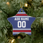 Ornamento De Cerâmica Blue Red Football Jersey Número Personalizado<br><div class="desc">Cores Vermelhas e Brancas — Se você é dono de uma equipe de futebol de Fantasia,  faça seus próprios produtos e mostre aos seus amigos! Ou...  você joga futebol Segundo grau e quer uma lembrança? Esta design de camisa é perfeita para qualquer um que joga esportes.</div>