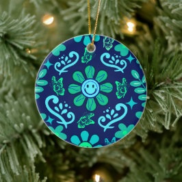 Ornamento De Cerâmica Blue Retro Style Floral and Sun Symbol Pattern