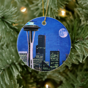 Ornamento De Cerâmica Blue Seattle Skyline Feliz Natal