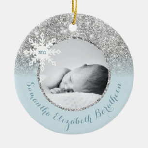 Ornamento De Cerâmica Blue Silver Glitter Winter Personalized Baby Ceram