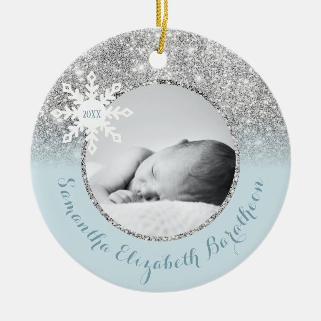 Ornamento De Cerâmica Blue Silver Glitter Winter Personated Baby Ceram (Frente)