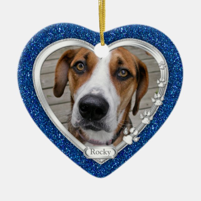 Ornamento De Cerâmica Blue Silver Heart Dog Memorial Foto de Natal (Frente)
