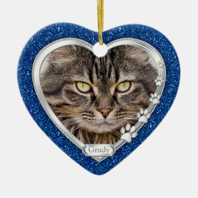 Ornamento De Cerâmica Blue Silver Heart Pet Cat Memorial (Frente)